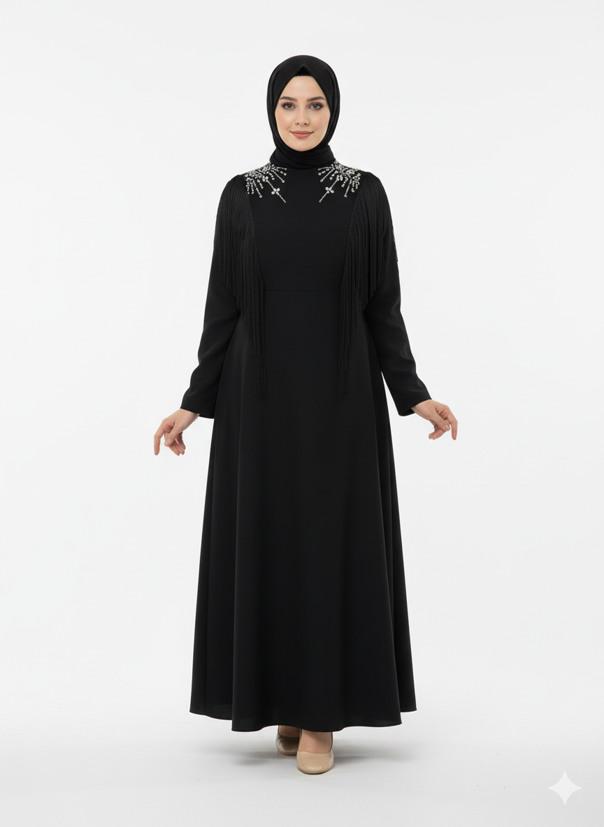 Tala siyah renkli, yaz mevsimi için özel bir elbise