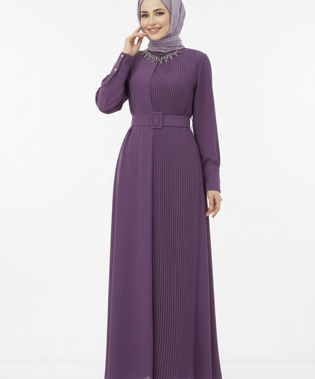 Kemerli pilili elbise - Lila 1369