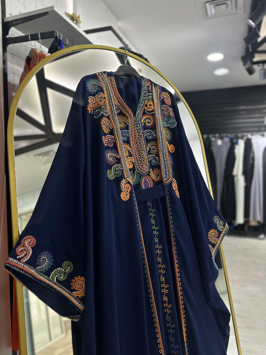 Şeyha abaya takımı lacivert, işlemeli, resmi yazlık abaya takımı