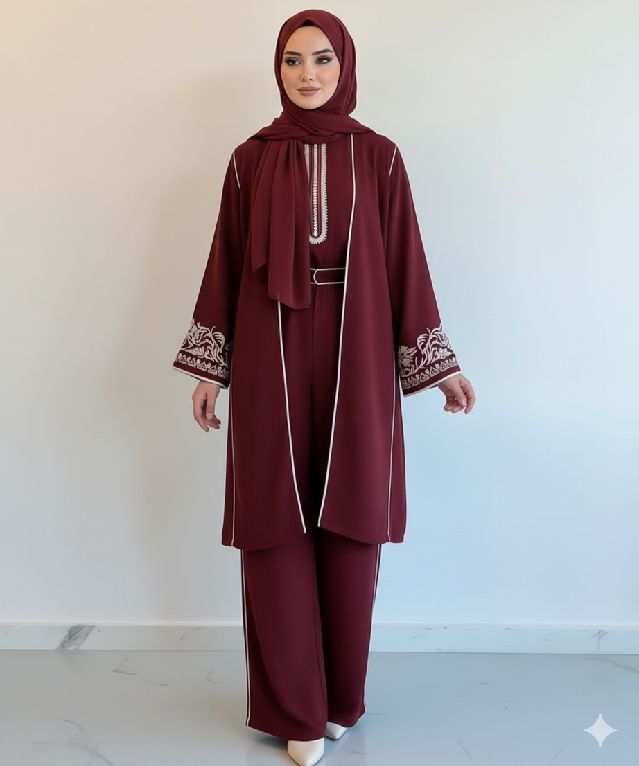 Her mevsime uygun 3parçalı Fas takımı (Bordo)