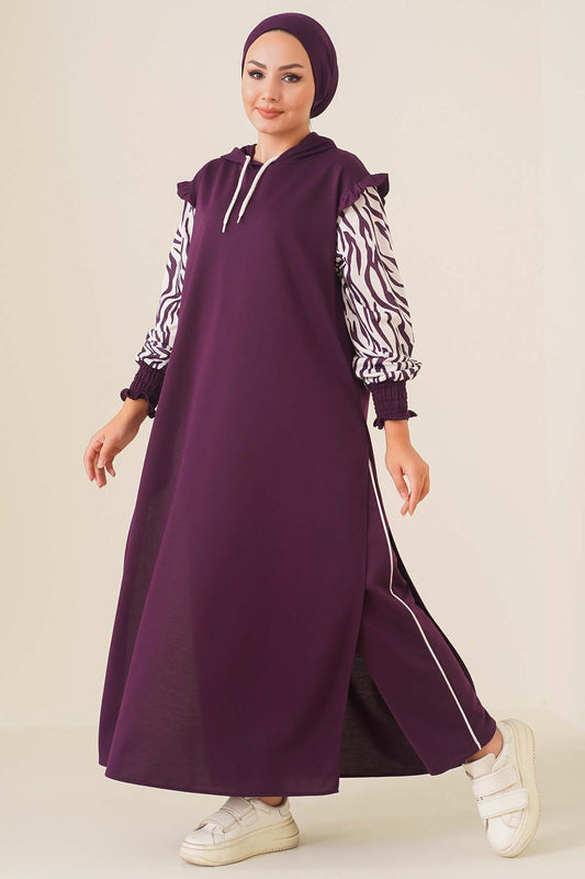 Zebra desenli kol ve pantolonlu uzun tunik takım (mor) 0976