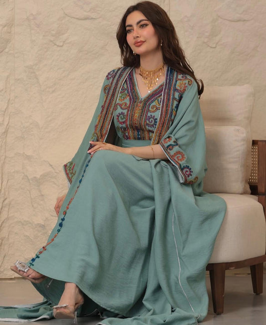 Şeyha  abaya takımı mint rengi, işlemeli, resmi yazlık